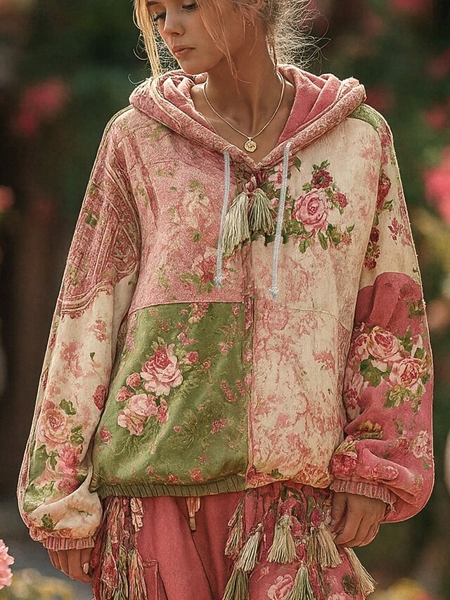 Women's 3D Print Vintage Boho Hoodie Patchwork Hoodie Sweatshirt Floral Pullover Sweatshirt Elegant Warm Active Long Sleeve Street Dailywear Casual Patchwork Print Pink Spring Fall Winter2
