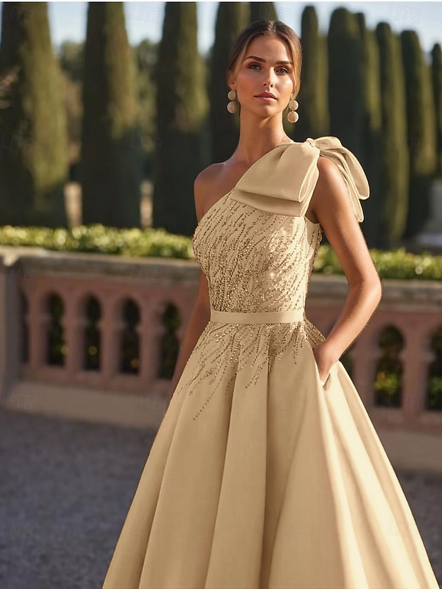  A-linja Kokopitkä Iltapuku Ball Gown Muodollinen mekko Tyylikäs Hihaton Yksiolkaiminen Muodollinen Häät Satiini kanssa Kimalle Rusetti(rusetit) Koristehelmillä