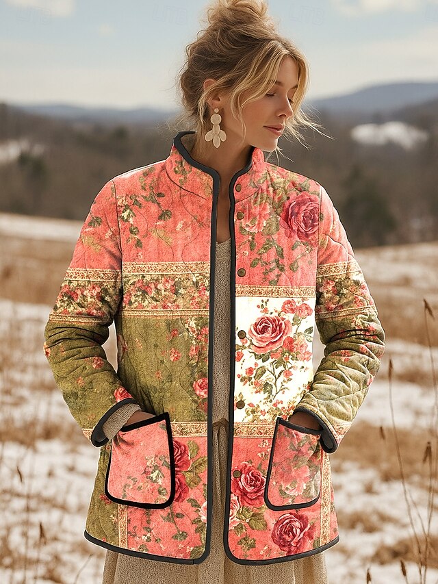 Women's Winter Jacket Quilted Jacket Warm Lightweight Print Active Vintage Cute Artistic Floral Casual Short Stand Collar Regular Fit Long Sleeve Outerwear Pink Fall Winter2