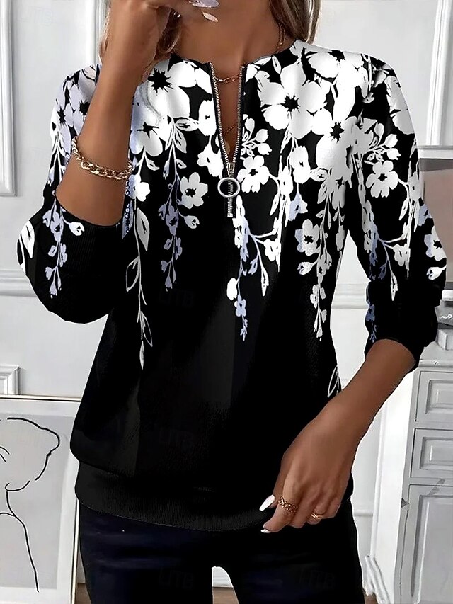 Women's Pullover Sweatshirt Zip Up Sweatshirts Floral Graphic Fashion Casual Long Sleeve Crew Neck Round Neck Regular Tops Street Dailywear Patchwork Zipper Print Black Spring Fall Winter4