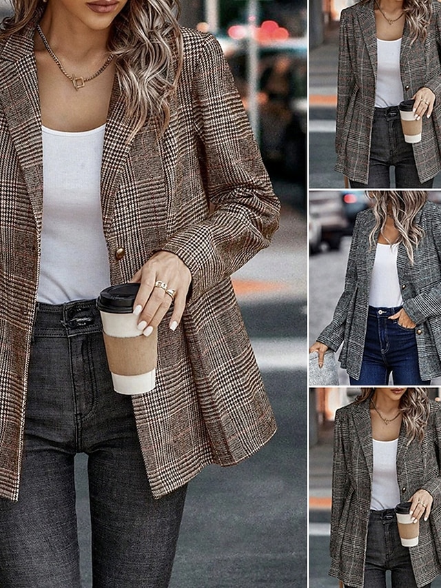  Dam Kavaj Bekväm Knappar Elegant Mode Utomhus Galler Utekväll Ledigt / vardag Helgen Cardigan Normal Kavajslag Normal Långärmad Ytterkläder Svart Orange Vår Höst