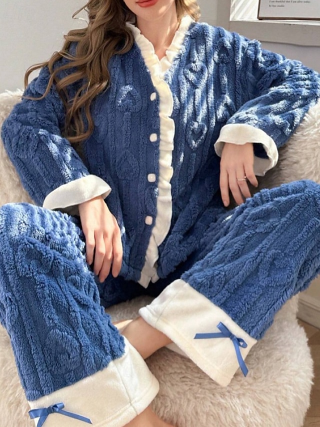  Mujer Pijamas Ropa de salón Conjunto pijama 2 Piezas Confort Suave Retazos Cintura elástica Botones Pantalón Hogar Diario Cama Manga Larga Escote en Pico Azul Oscuro Otoño Invierno