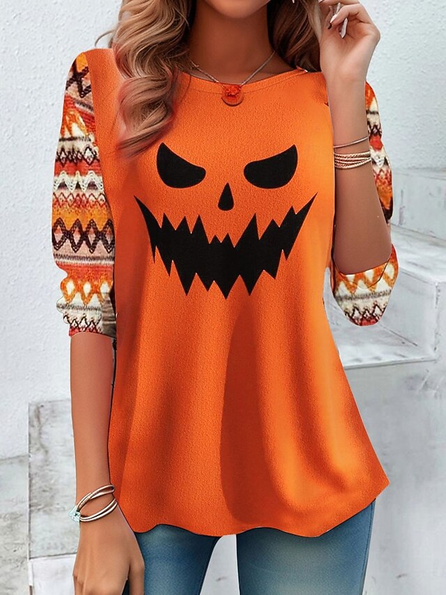 Halloween Women's T shirt Pumpkin Graphic Ghost Vintage Fashion Stylish Long Sleeve Crew Neck Regular Tops Daily Weekend Print White Yellow Orange Spring Fall4