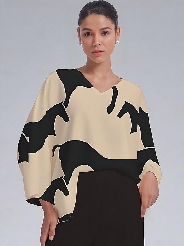 Women's Blouse Satin Abstract Color Block Loose Dolman Sleeve V Neck Pullover Casual Elegant Spring Summer Fall4