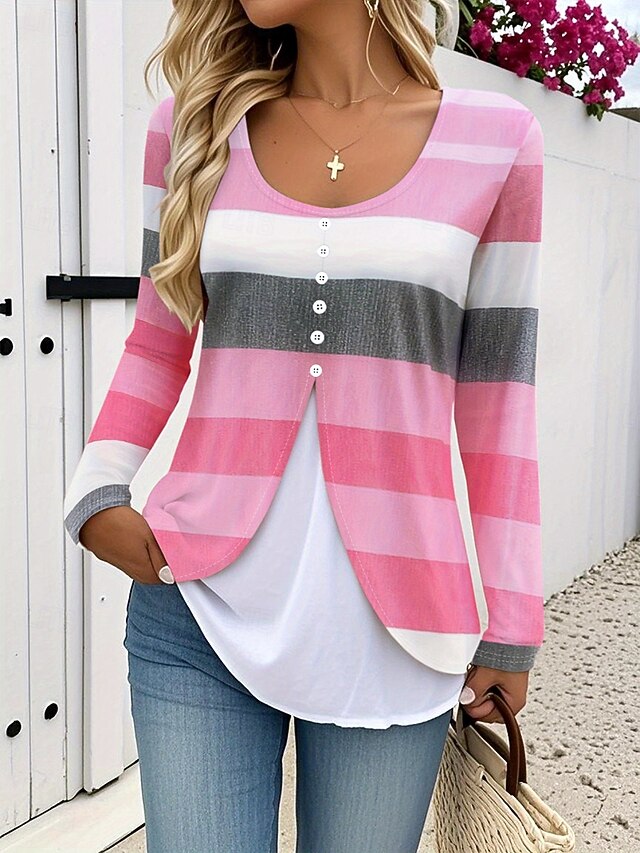 Women's T Shirt Graphic Striped Vintage Stylish Modern Long Sleeve Crew Neck Round Neck Regular Tops Daily Buttons Print Tiered Pink Spring Fall Winter4