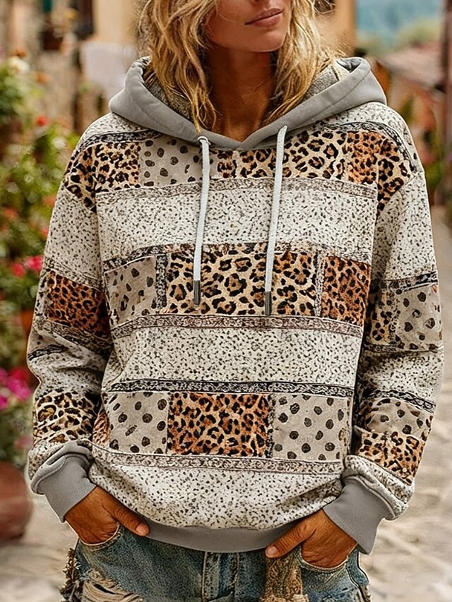 Women's Pullover Hoodies Leopard Striped Fashion Streetwear Casual Long Sleeve Hooded Regular Tops Dailywear Casual Drawstring Print Khaki Spring Fall4