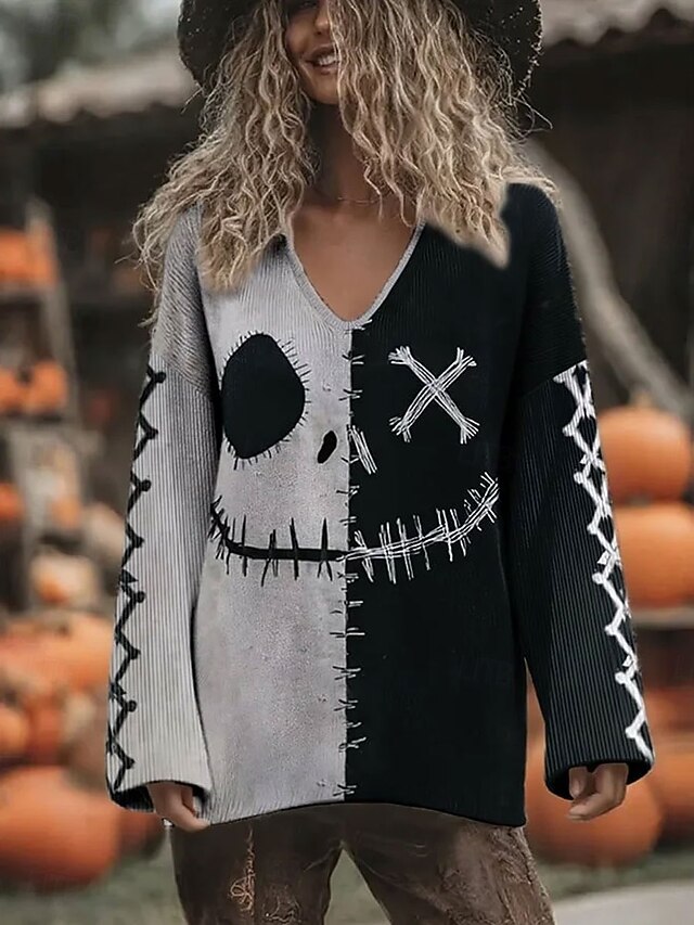 Women's Sweater Vintage Streetwear Cool Graphic Color Block V Neck Print Long Sleeve Regular Tops Knit Halloween Gray Fall Winter4