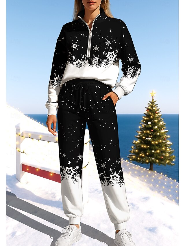 Christmas Women's Sweatshirt Tracksuit Sweatsuit Drawstring Zipper Jacket and Sweatpants Athletic Clothing Set Spring Black with White Casual Workout Outdoor Soft Baggy Long Sleeve Sport Activewear4