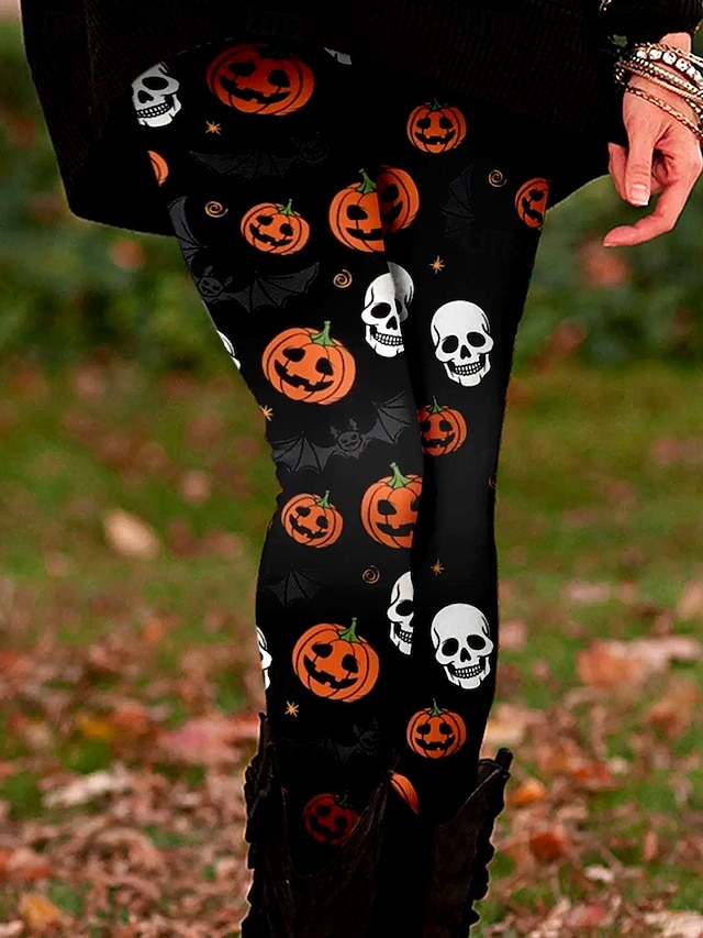  Dame Leggins Ferie Årgang Mode Ankel-længde Høj TaljePantsHalloween Grafisk Dødningehoveder Græskar Printer Blød Åndbart Elastisk Ferierejse Gade Afslappet Sort 1 # Sort Orange Efterår Vinter Slank