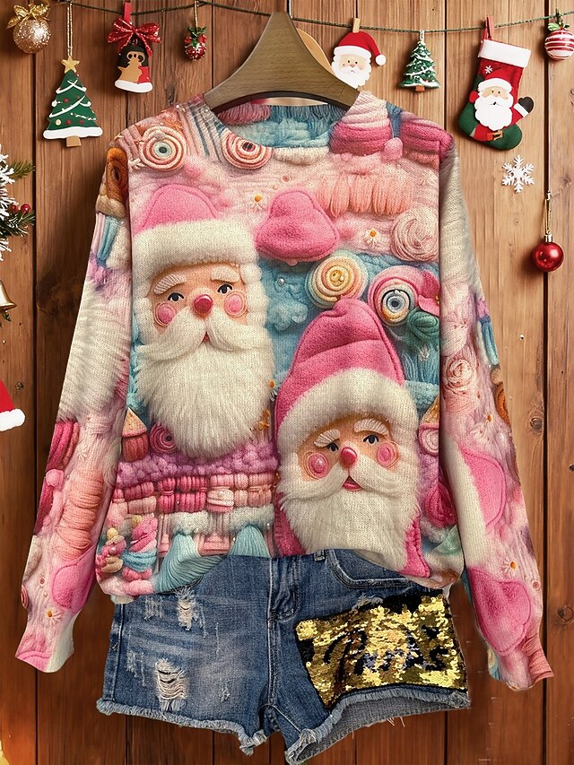 Christmas Women's Sweater Pullover Daily Casual Graphic Santa Claus Ribbed Crew Neck Knitted Print Long Sleeve Regular Tops Knit Outdoor Weekend Pink Fall Winter4