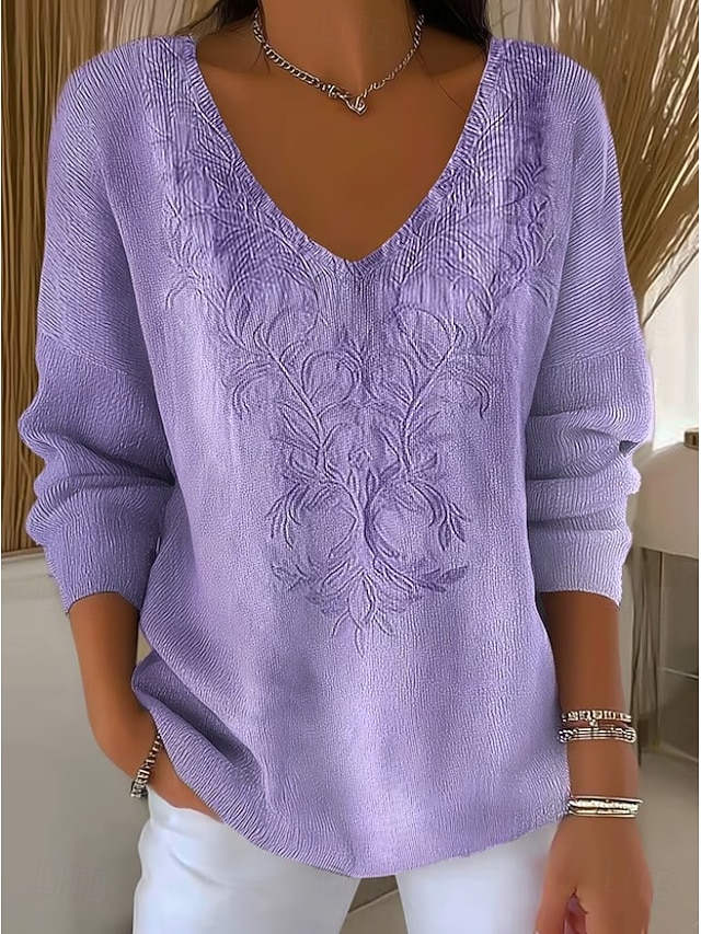  Femmes Pull Élégant Mode Streetwear Fleuri Graphique Col en V Tricoté manche longue Hauts Réguliers Tricoter Week-end Gingembre Violet Automne Hiver
