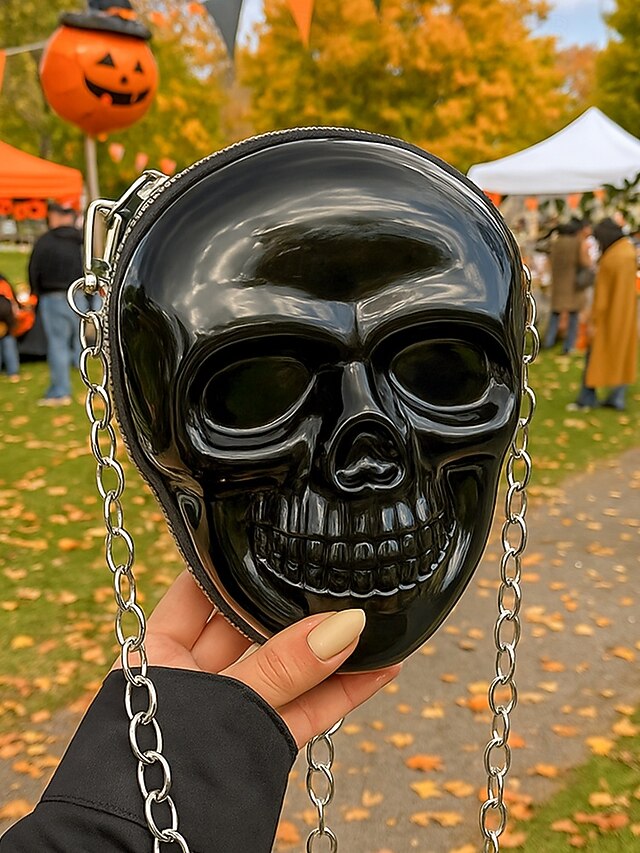  Dámská halloweenská crossbody kabelka s motivem lebky a řetízkem, 3D kostra přes rameno, gotická párty psací kabelka na kostýmy, cosplay a noční život.