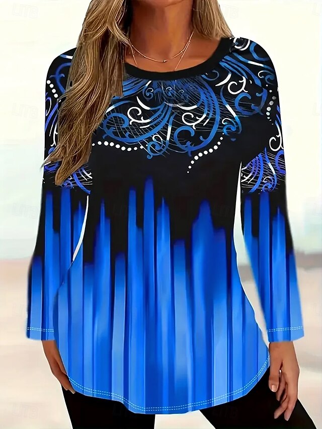 Women's T Shirt Ombre Floral Graphic Vintage Stylish Classic Long Sleeve Crew Neck Round Neck Regular Tops Daily Print Royal Blue Spring Fall Winter4