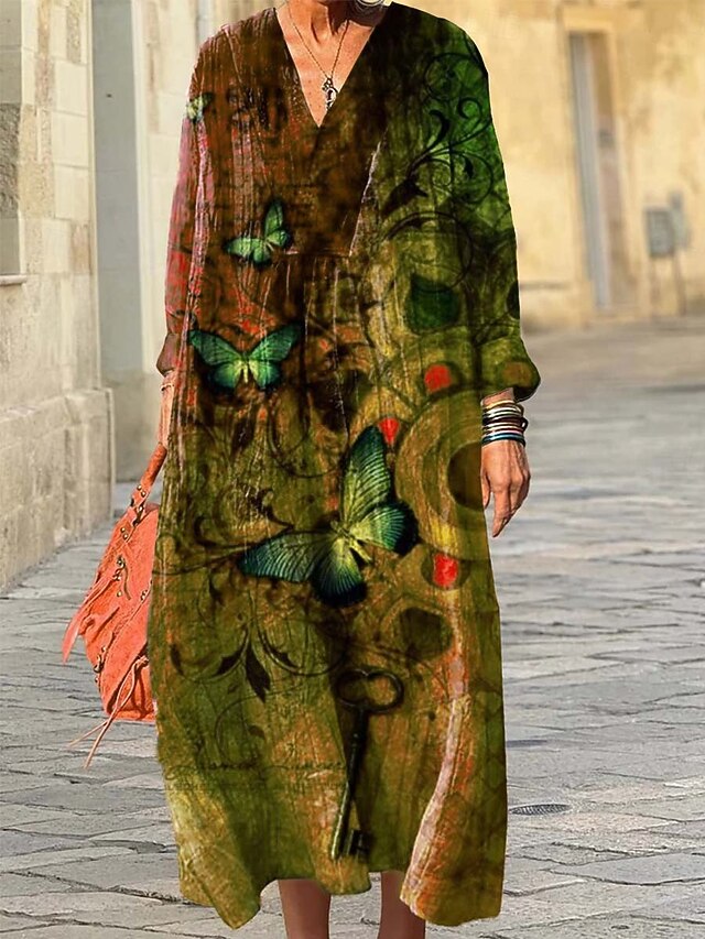  Pentru femei Rochii Midi Rochie de Vară Rochie A line Vacanță Casual Boho Ieșire Plajă Potrivire Largă Grafic Geometric Manșon Lung În V Roșu-aprins Mov Trifoi Gri Închis Primăvară Toamnă Iarnă