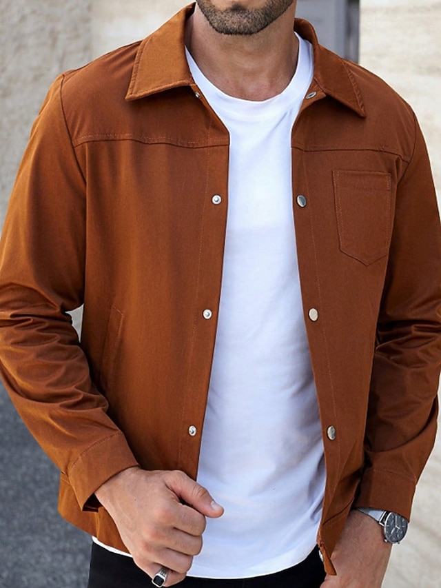  Herren Leichte Jacke Hemdjacke Freizeitjacke Urlaub Täglich Atmungsaktiv Knöpfe Frühling Herbst Einfach Mode Klassisch Revers Regulär Braun Jacken