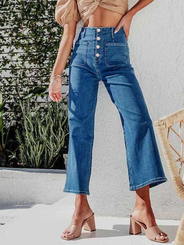  Per donna Jeans Chinos Dritto Streetwear Casual Lunghezza intera Vita media Semplice Tasca Elastico in vita Confortevole Micro-elastico All'aperto Vacanza Quotidiano Nero Blu Blu chiaro Autunno