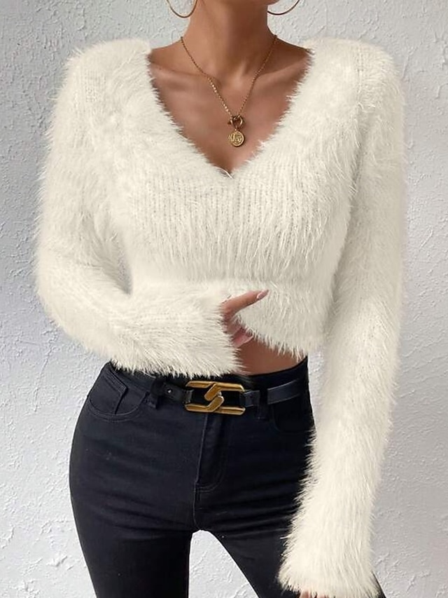  Femmes Pull Mode Occasionnel Couleur Unie Côtelé Col en V Tricoté manche longue Hauts Réguliers Tricoter Extérieur Quotidien Week-end Noir Blanche Automne Hiver