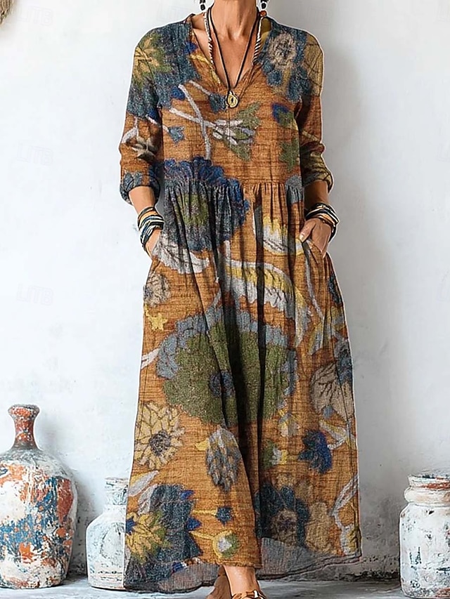  Damskie Sukienka maxi Sukienka letnia Plisowana sukienka Urlop Codzienny Boho Wyjściowe Plaża Graficzny W Tureckie Wzory Długi rękaw W serek Fioletowy Brązowy Zielony Szary Wiosna Jesień Zima