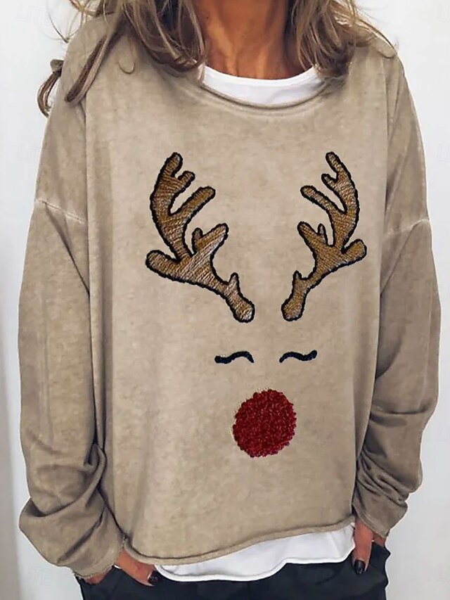 Women's Sweatshirts Graphic Reindeer Vintage Fashion Casual Long Sleeve Crew Neck Regular Tops Street Casual Print Khaki Fall Winter4