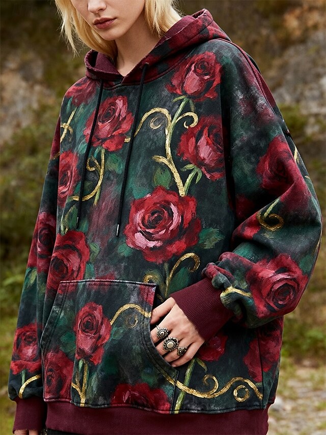 Women's Pullover Hoodies Rose Vintage Streetwear Casual Long Sleeve Hooded Regular Tops Dailywear Casual Sports Drawstring Pocket Print Green Spring Fall Winter4