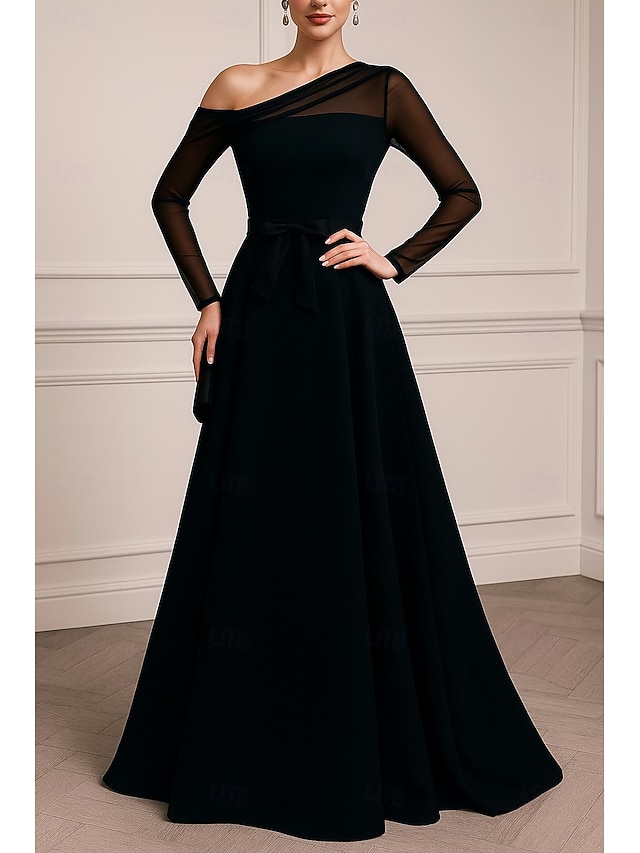  Rochie de seară elegantă, cu imprimeu A-line, cu cravată neagră, rochie de seară elegantă, rochie de seară formală, lungime la podea, mânecă lungă, cu umăr decupat, satin și pliuri, 2025