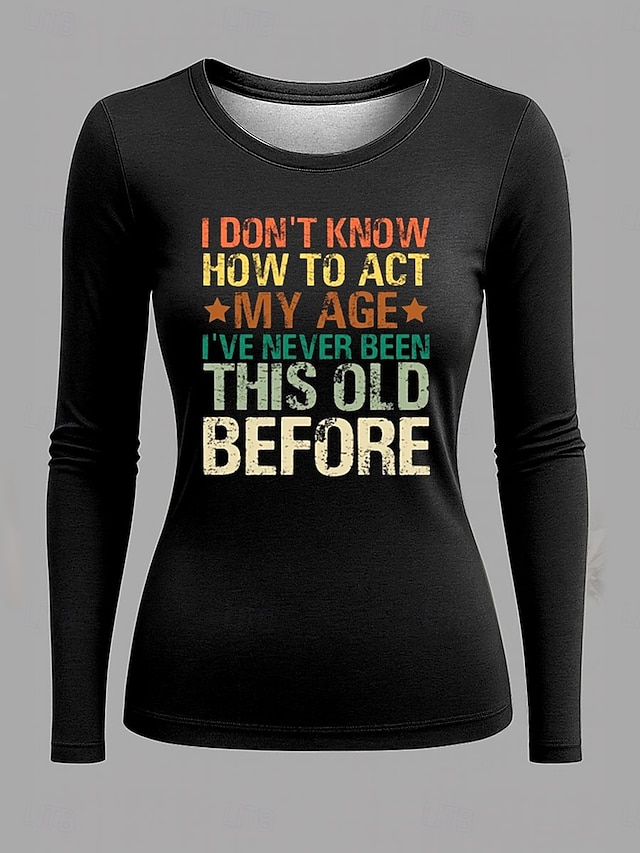  Femmes T-shirt Graphique Lettre ancien Mode Élégant manche longue Col ras du cou Hauts Réguliers Quotidien Week-end Imprimé Noir Printemps Automne