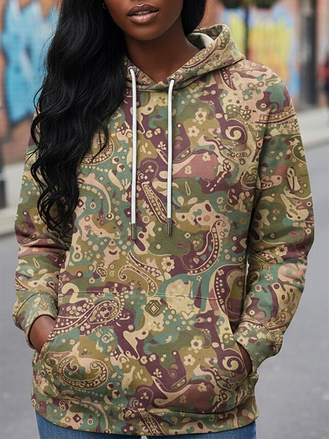 Women's Pullover Hoodies Graphic Paisley Vintage Streetwear Casual Long Sleeve Hooded Regular Tops Dailywear Casual Sports Drawstring Pocket Print Green Spring Fall4