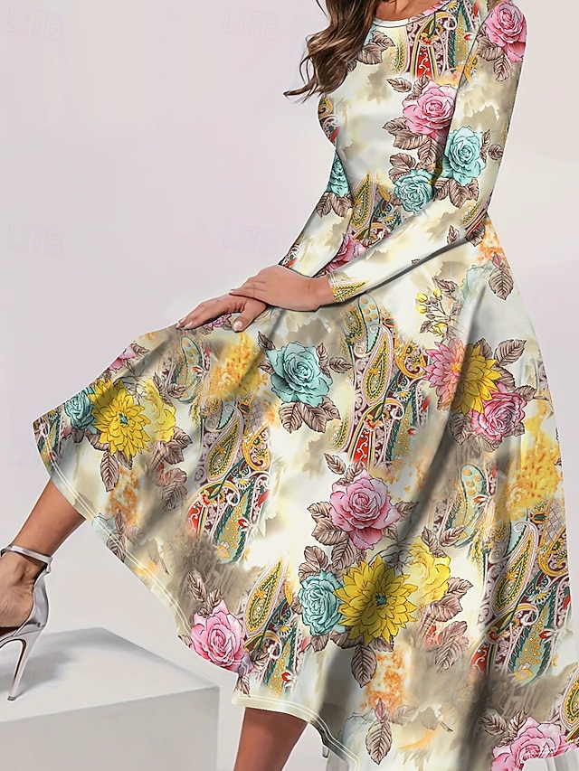 Femmes Robe Longue Maxi Robe Robe bohème Élégant ancien Mode Extérieur Soirée Quotidien Coupe régulière Graphique Papillon manche longue Col ras du cou Aqua bleu Jaune Rose Claire Bleu Printemps