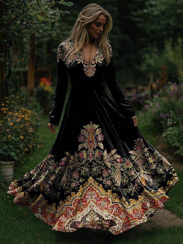 Christmas Women's Maxi Dress Pleated Dress Party Casual Boho Daily Date Going out Regular Fit Tribal Long Sleeve V Neck Black Red Fall Winter3