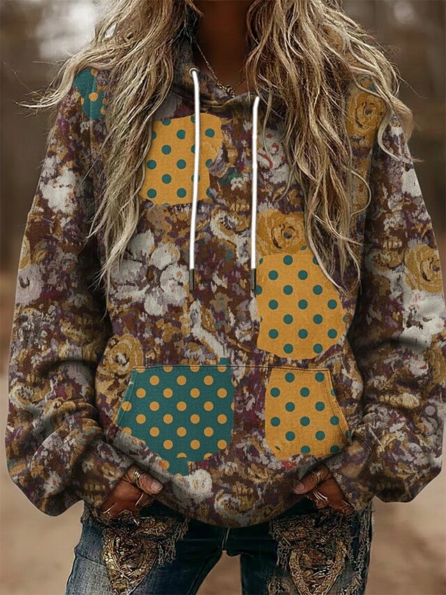 Women's Pullover Hoodies Plaid Color Block Vintage Streetwear Casual Long Sleeve Hooded Regular Tops Dailywear Casual Sports Drawstring Pocket Print Yellow Spring Fall4