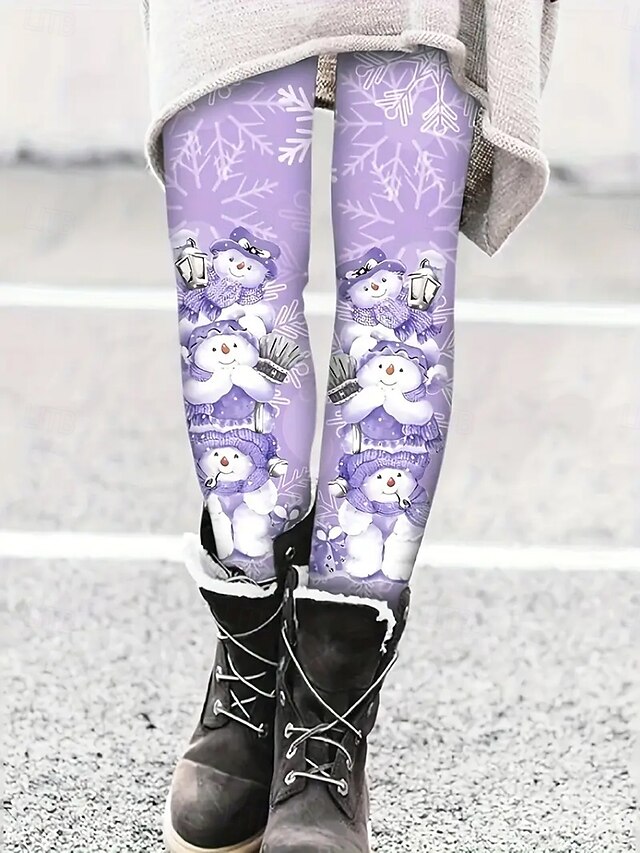  女性用 レギンス 旅行度假风 ヴィンテージ ファッション 全長 ハイウエストPantsクリスマス グラフィック 動物 雪だるま プリント 保温 ソフト 高通気性 伸縮性あり フォーマル アウトドア バケーション バイオレット ブルー 夏 春 秋 スリムフィット
