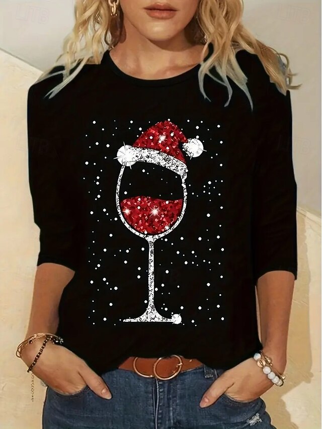 Christmas Women's T Shirt Graphic Snowflake Wine Glass Vintage Fashion Stylish Long Sleeve Crew Neck Round Neck Regular Tops Daily Weekend Print Black Spring Fall Winter3