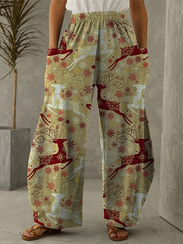 Women's Wide Leg Pants Trousers Vacation Vintage Ethnic Style Full Length High WaistPantsChristmas Reindeer Pocket Elastic Waistband Print Comfy Breathability Inelastic Vacation Casual Daily Khaki4
