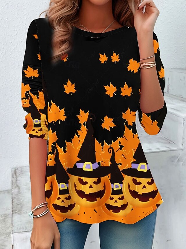 Halloween Women's T Shirt Graphic Pumpkin Vintage Fashion Stylish Long Sleeve Crew Neck Regular Tops Daily Weekend Print Orange Spring Fall Winter4