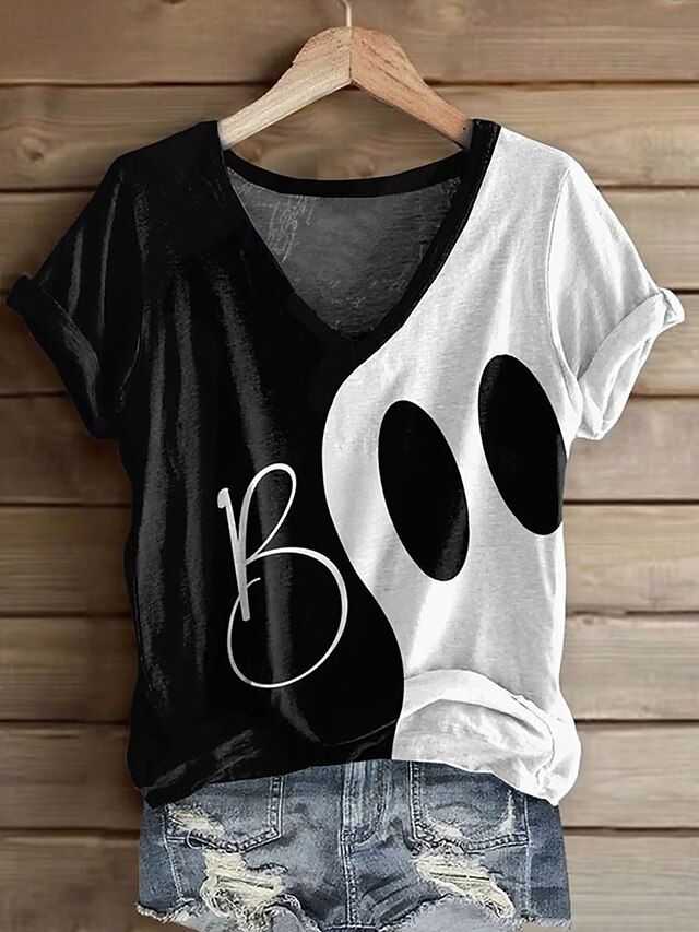Halloween Women's T Shirt Graphic Ghost Vintage Stylish Classic Short Sleeve V Neck Regular Tops Daily Print White Summer Fall Winter4
