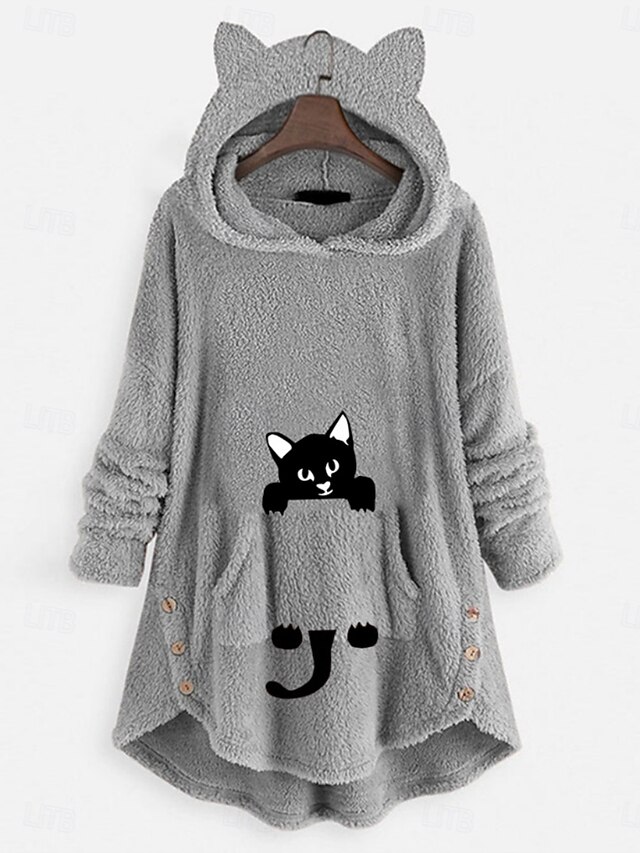 Women's Pullover Hoodie Sweatshirt Cat Casual Long Sleeve Hooded Long Tops Street Dailywear Casual Buttons Print Front Pocket Pink Wine Gray Fall Winter4
