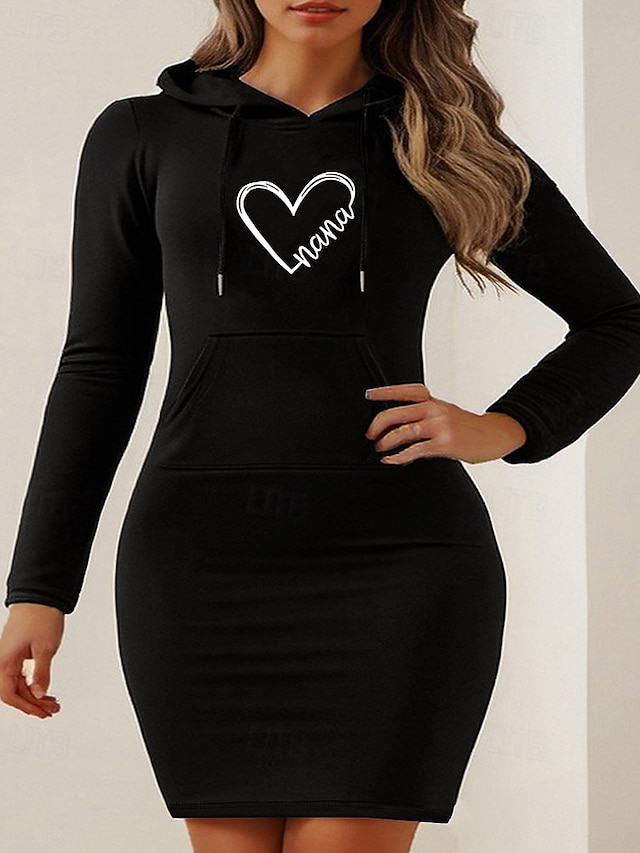  Damen Minikleid Kapuzenkleid Mode Modern Täglich Ausgehen Normale Passform Herz Langarm Mit Kapuze Schwarz Frühling Herbst