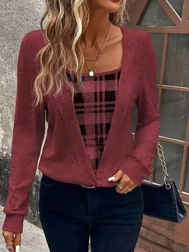 Women's Shirt Blouse Plaid Stylish Basic Casual Long Sleeve Square Neck Regular Tops Daily Holiday Print Wine Spring Fall Winter4