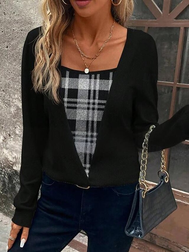 Women's Shirt Blouse Plaid Stylish Basic Casual Long Sleeve Square Neck Regular Tops Daily Holiday Print Black Spring Fall Winter4