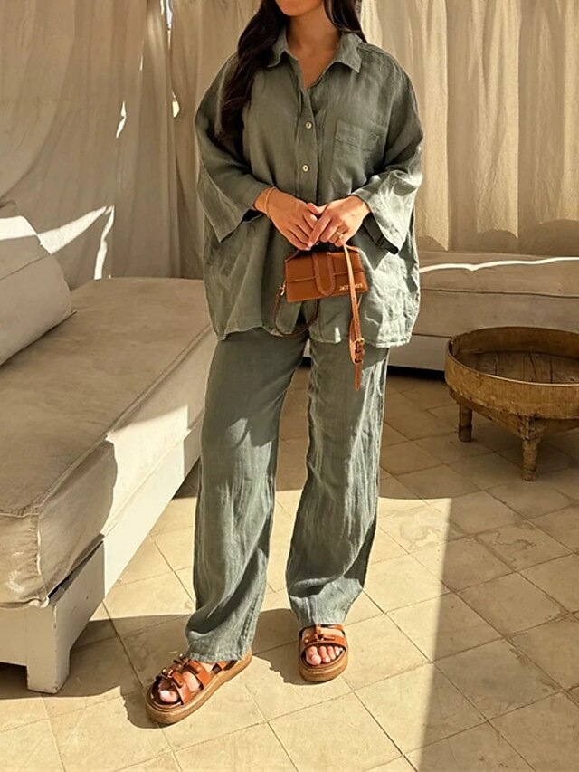 Women's Active Fashion Blouse Pants Sets Long Sleeve Shirt Collar Solid Color Dubbele Rij Knopen Vacation Casual Daily Green Summer Regular Fit4