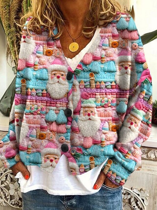 Women's Sweater Cardigan Casual Soft Santa Claus Snowflakes Ribbed V Neck Knitted Long Sleeve Regular Tops Knit Christmas Outdoor Daily Pink Blue Fall Winter4