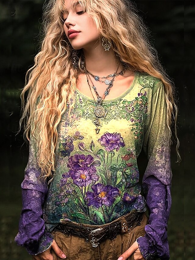 Women's Plus Size T Shirt Floral Graphic Plants Basic Long Sleeve Crew Neck Regular Tops Daily Going out Weekend Print Purple Orange Green Summer Spring Fall4