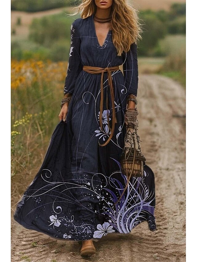 Women's Maxi Dress A Line Dress Pleated Dress Fit And Flare Dress Vacation Casual Boho Date Going out Regular Fit Floral Graphic Long Sleeve V Neck Purple Brown Green Spring Fall Winter Autumn4