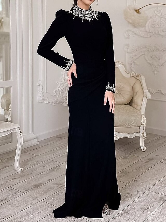 Black Crystal-embellished Couture Style Mermaid / Trumpet Sheath / Column Evening Gown Elegant Formal Dress Formal Wedding Floor Length Long Sleeve High Neck Stretch Crepe V Back with Pleats 20254