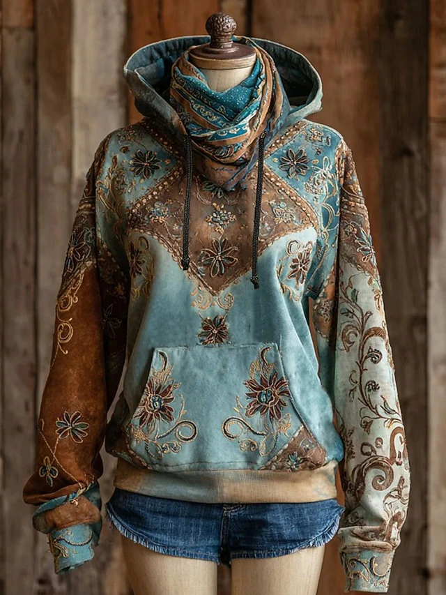 Women's Pullover Hoodie Sweatshirt Graphic Geometric Vintage Western Casual Long Sleeve Hooded Regular Tops Street Dailywear Patchwork Print Front Pocket Yellow Blue Spring Fall Winter3