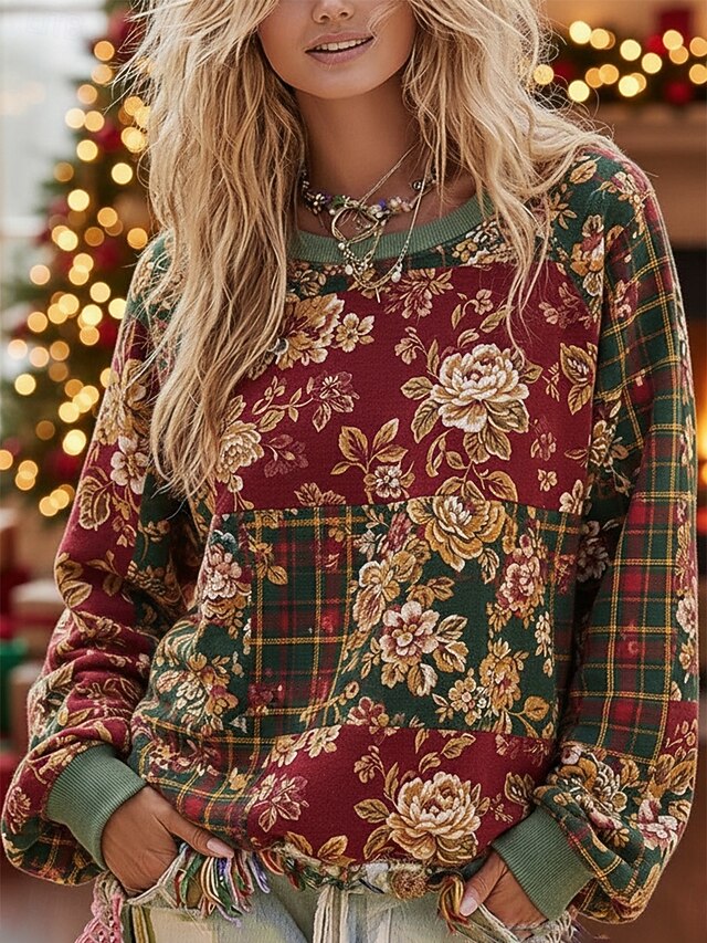 Women's Pullover Sweatshirts Floral Fashion Streetwear Classic Long Sleeve Round Neck Regular Tops Dailywear Casual Print Wine Spring Fall4