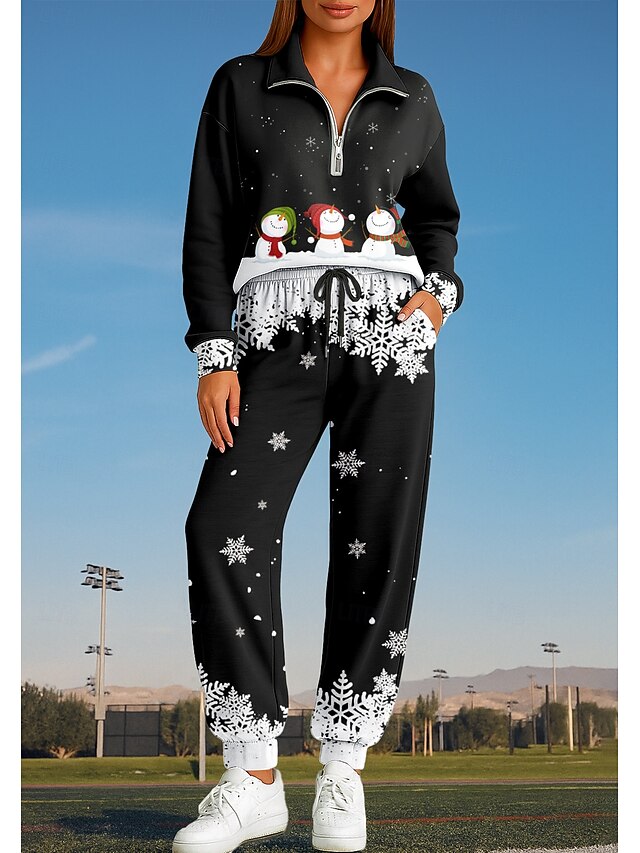 Christmas Women's Sweatshirt Tracksuit 2 Piece Tracksuit Drawstring Zip Up Clothing Suit Fall Black Vocation Outdoor Travel Lightweight Fashion Long Sleeve Sport Activewear Stretchy Regular Fit4