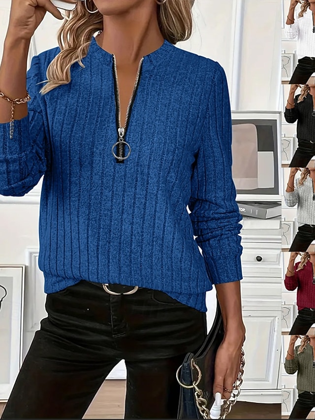  Dame Genser med genser عادي Fritid Langermet V-hals Vanlige topper Gate Hverdag Glidelås Svart Hvit Rød Blå Grønn Høst Vinter