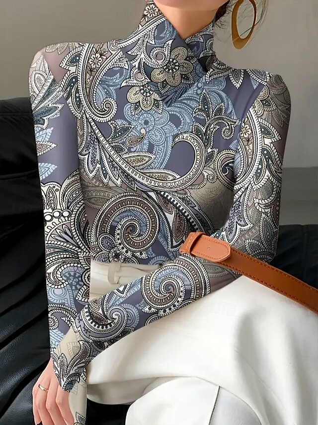 Women's T Shirt Graphic Paisley Elegant Vintage Fashion Long Sleeve High Neck Asymmetric Neck Regular Tops Daily Print Dusty Blue Spring Fall Winter4