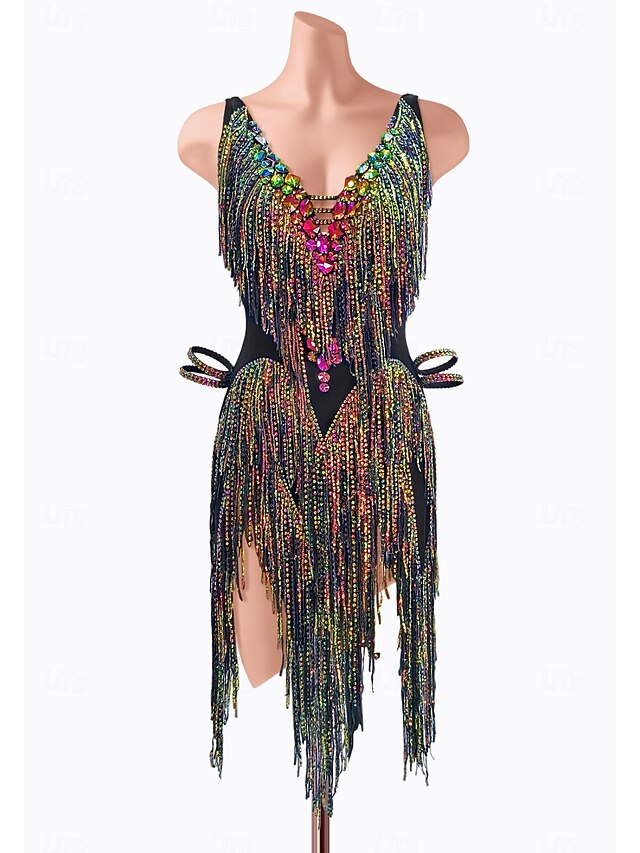 Latin Dance Dress Splicing Crystals / Rhinestones Women's Performance Training Sleeveless High Spandex3